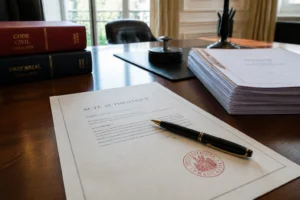 Document officiel de mise en demeure sur un bureau d'huissier avec tampon et stylo plume