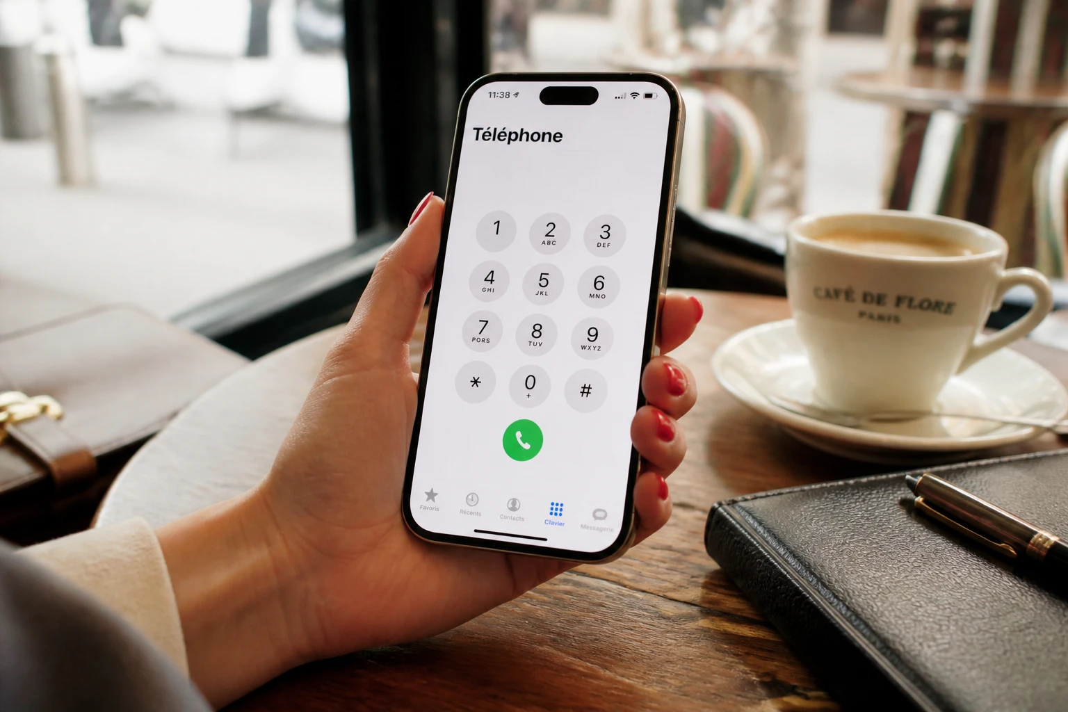 Main tenant un iPhone affichant le clavier d'appel dans un café lumineux