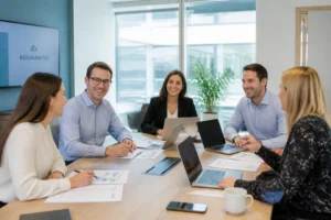 Salariés MAAF en réunion CSE dans un bureau moderne et lumineux