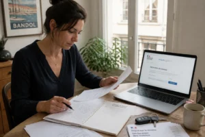 Femme consultant un registre de frais kilométriques et des documents fiscaux sur un bureau en bois