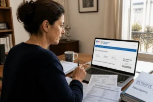 Femme consultant son relevé de carrière retraite en ligne sur lassuranceretraite.fr avec ses bulletins de salaire