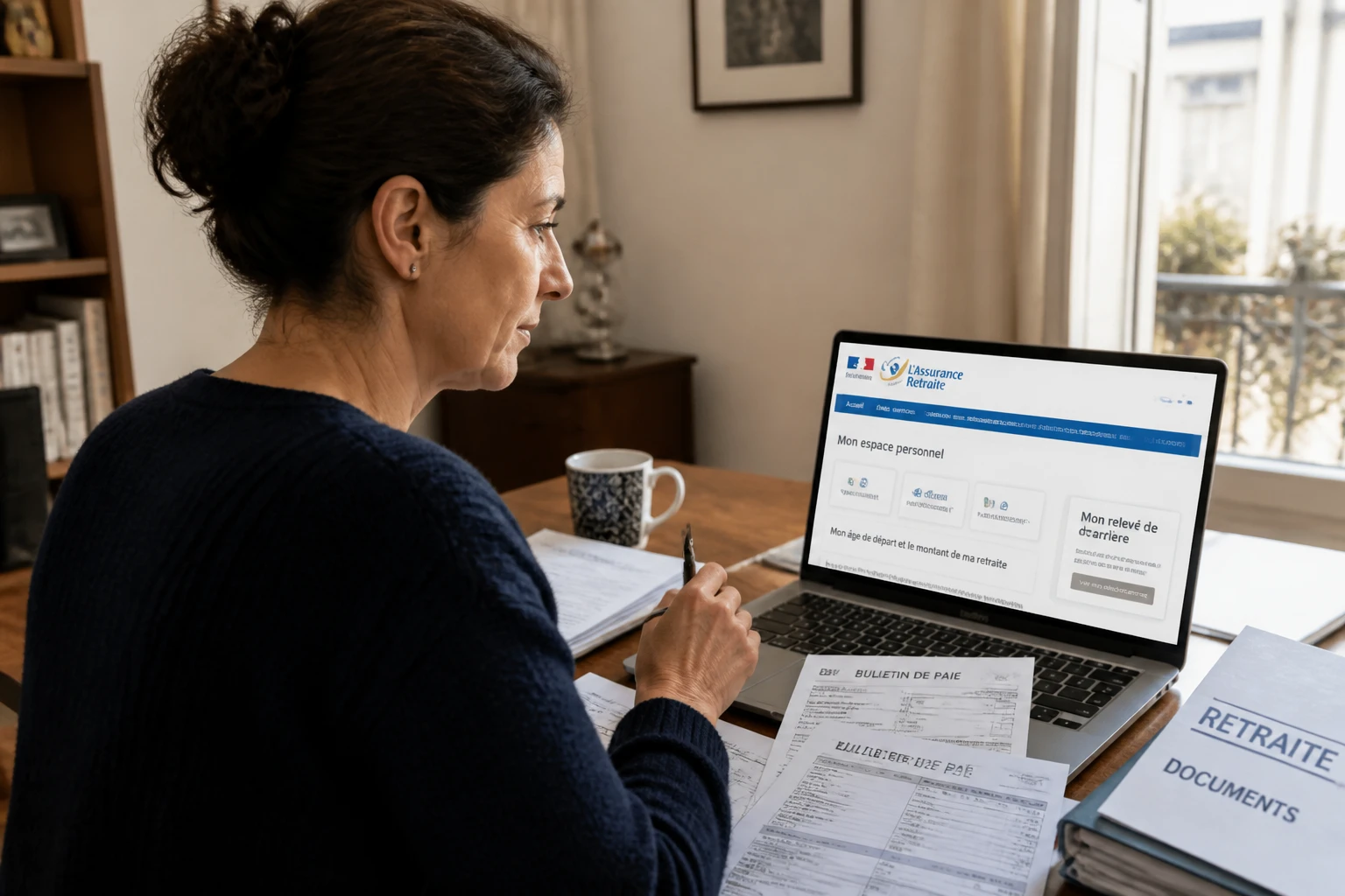 Femme consultant son relevé de carrière retraite en ligne sur lassuranceretraite.fr avec ses bulletins de salaire