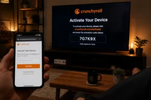 Écran de TV affichant le code d'activation Crunchyroll avec smartphone ouvert sur crunchyroll.com/activate