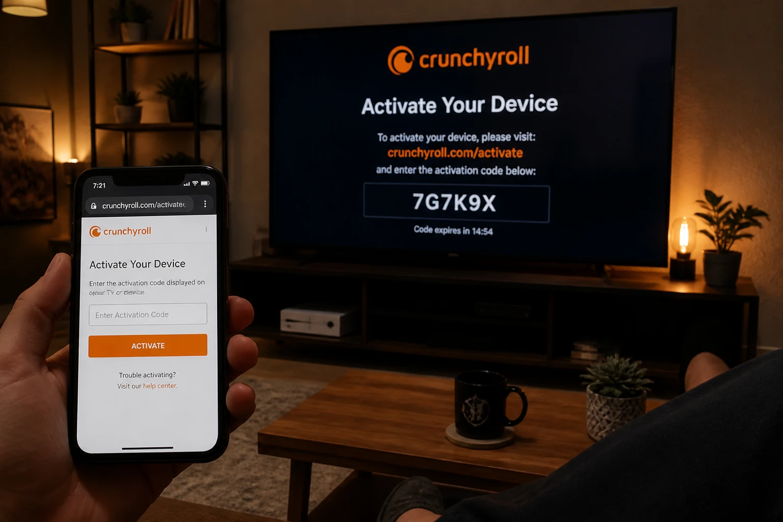 Écran de TV affichant le code d'activation Crunchyroll avec smartphone ouvert sur crunchyroll.com/activate