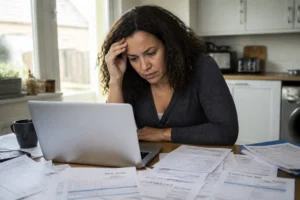 Femme en arrêt maladie consultant des documents administratifs après le dépôt de bilan de son employeur