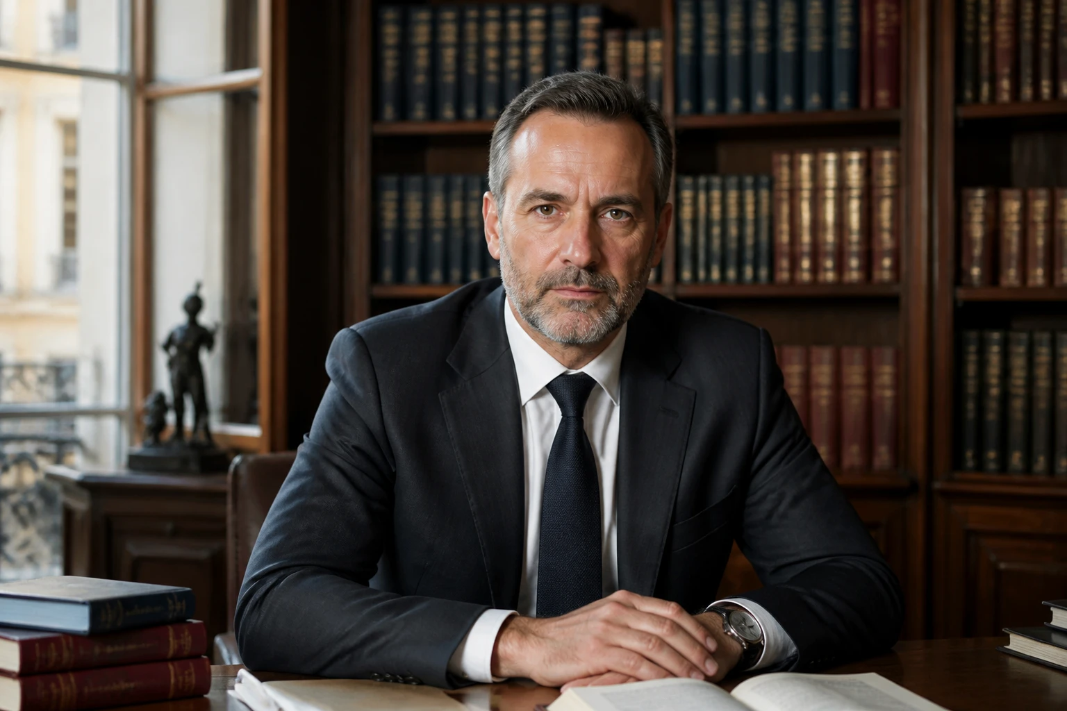 Avocat parisien en costume dans une bibliothèque juridique, lumière naturelle, ambiance professionnelle