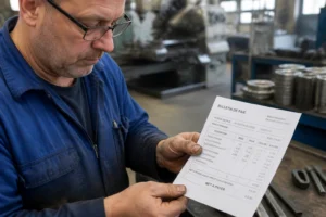 Ouvrier métallurgiste consultant sa fiche de paie dans un atelier industriel français