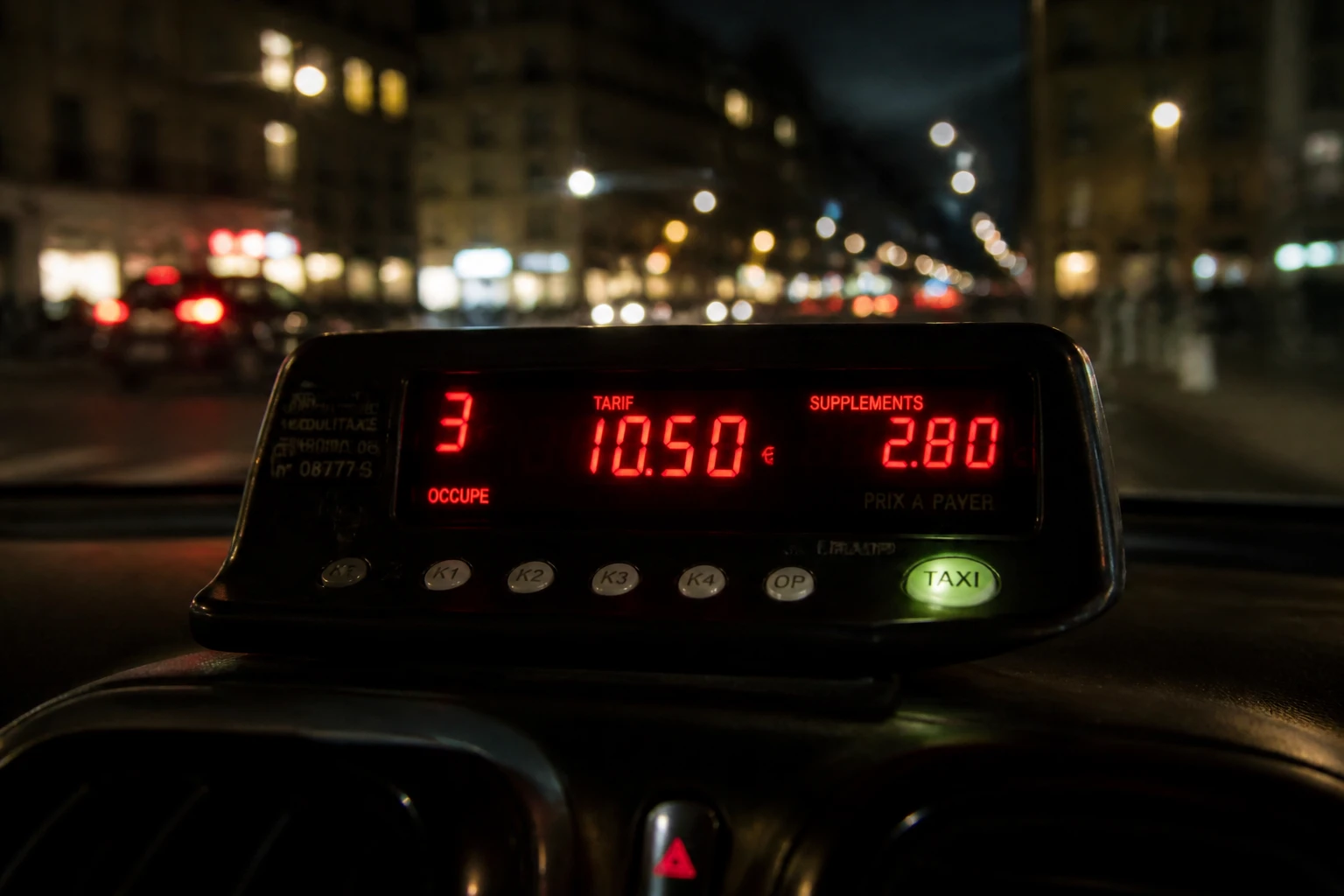 Taximètre professionnel dans un taxi parisien, vue de bord de route en soirée