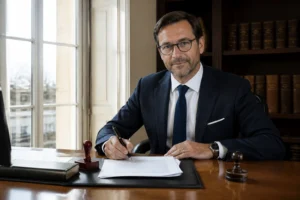 Notaire en costume assis à son bureau avec des documents officiels et un sceau notarial
