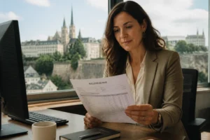 Femme consultant une fiche de paie luxembourgeoise dans un bureau moderne, vue sur la ville de Luxembourg