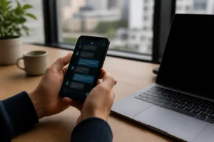 Mains tenant un smartphone avec une application de messagerie sécurisée, bureau en bois minimaliste et lumière naturelle