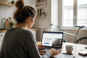 Femme consultant un simulateur d'APL sur ordinateur portable dans son appartement
