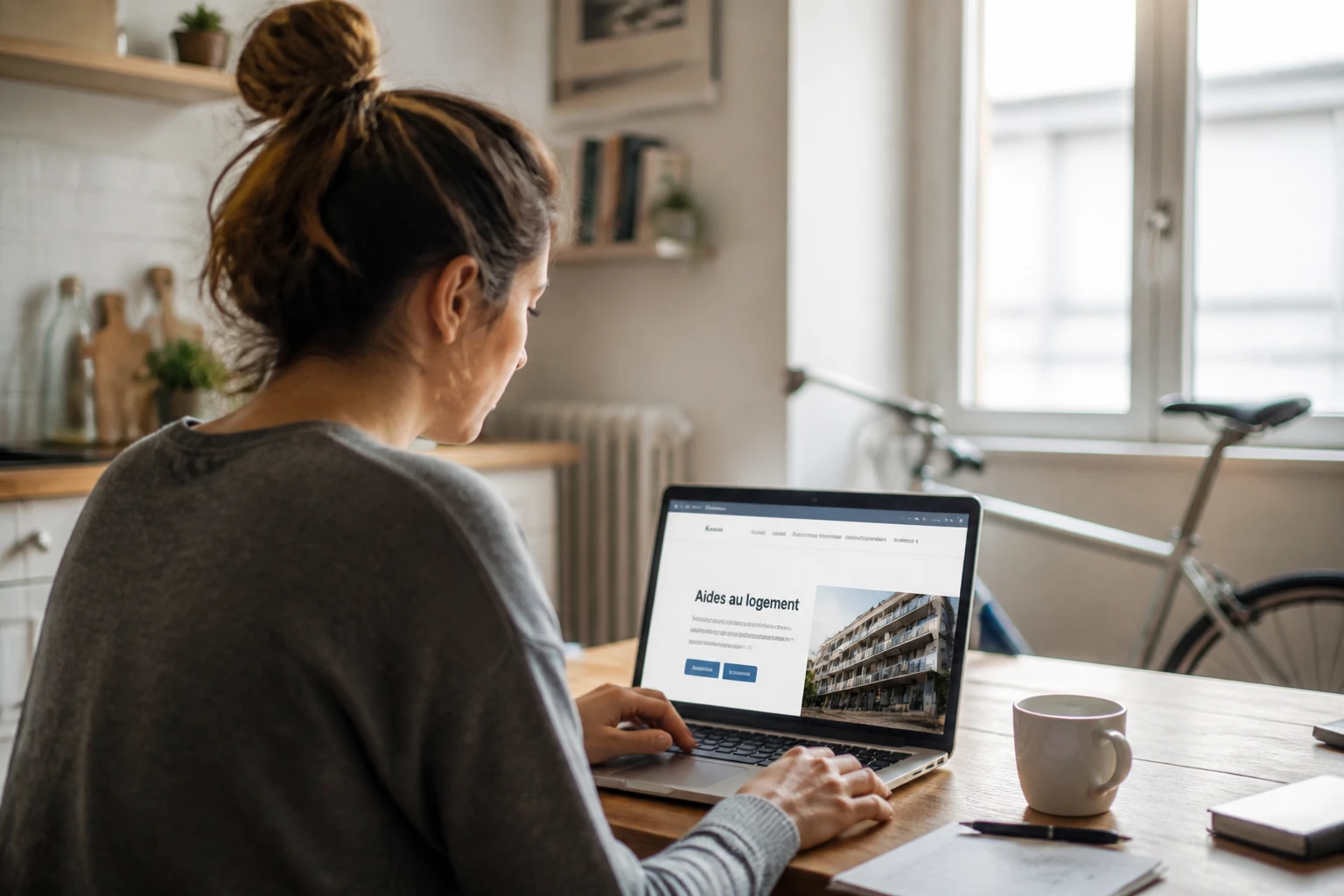 Femme consultant un simulateur d'APL sur ordinateur portable dans son appartement