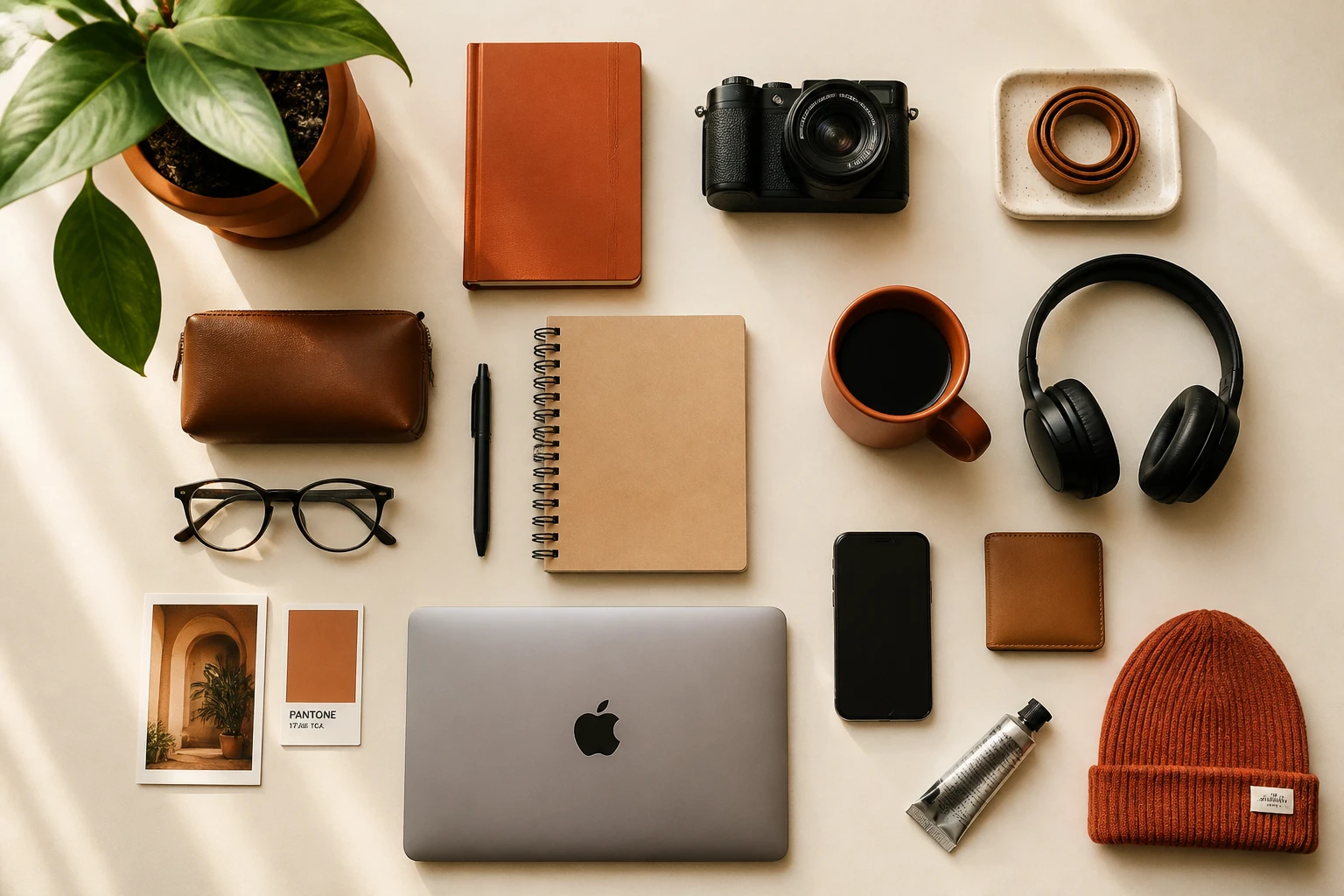 Objets disposés en grille sur un bureau pour composer un starter pack, vue de dessus