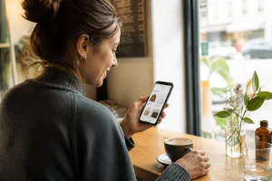 Femme utilisant une application mobile de vente entre particuliers sur son smartphone dans un café
