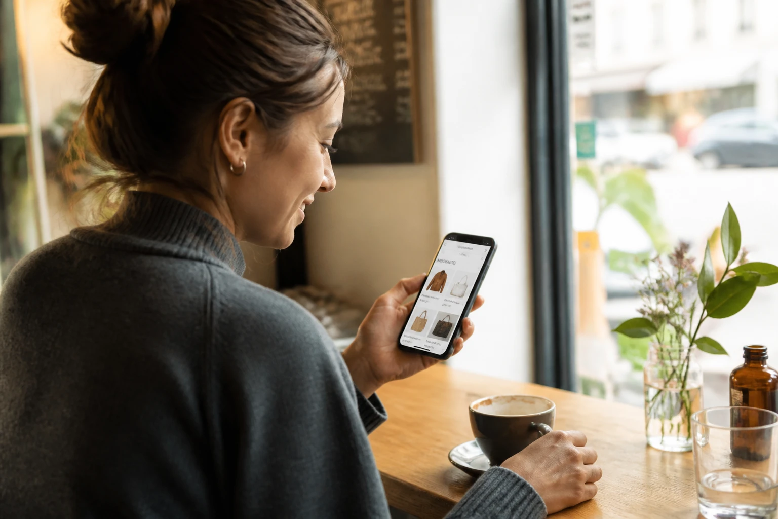 Femme utilisant une application mobile de vente entre particuliers sur son smartphone dans un café