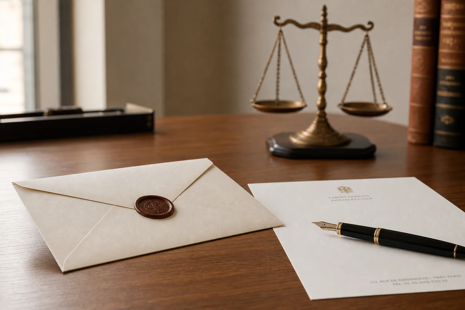 Bureau avec lettre officielle, stylo plume et balance de la justice miniature en arrière-plan
