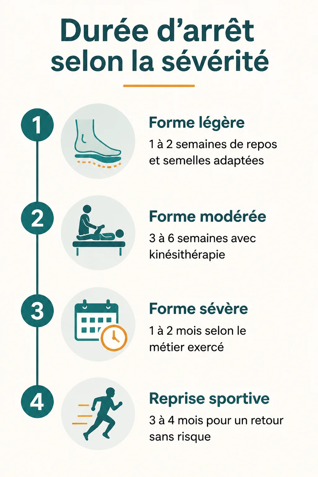 Durée d'arrêt selon la sévérité : 1. Forme légère, 2. Forme modérée, 3. Forme sévère, 4. Reprise sportive