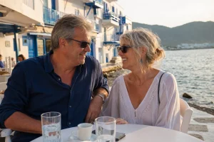 Couple de retraités profitant d'une terrasse face à la mer en Grèce