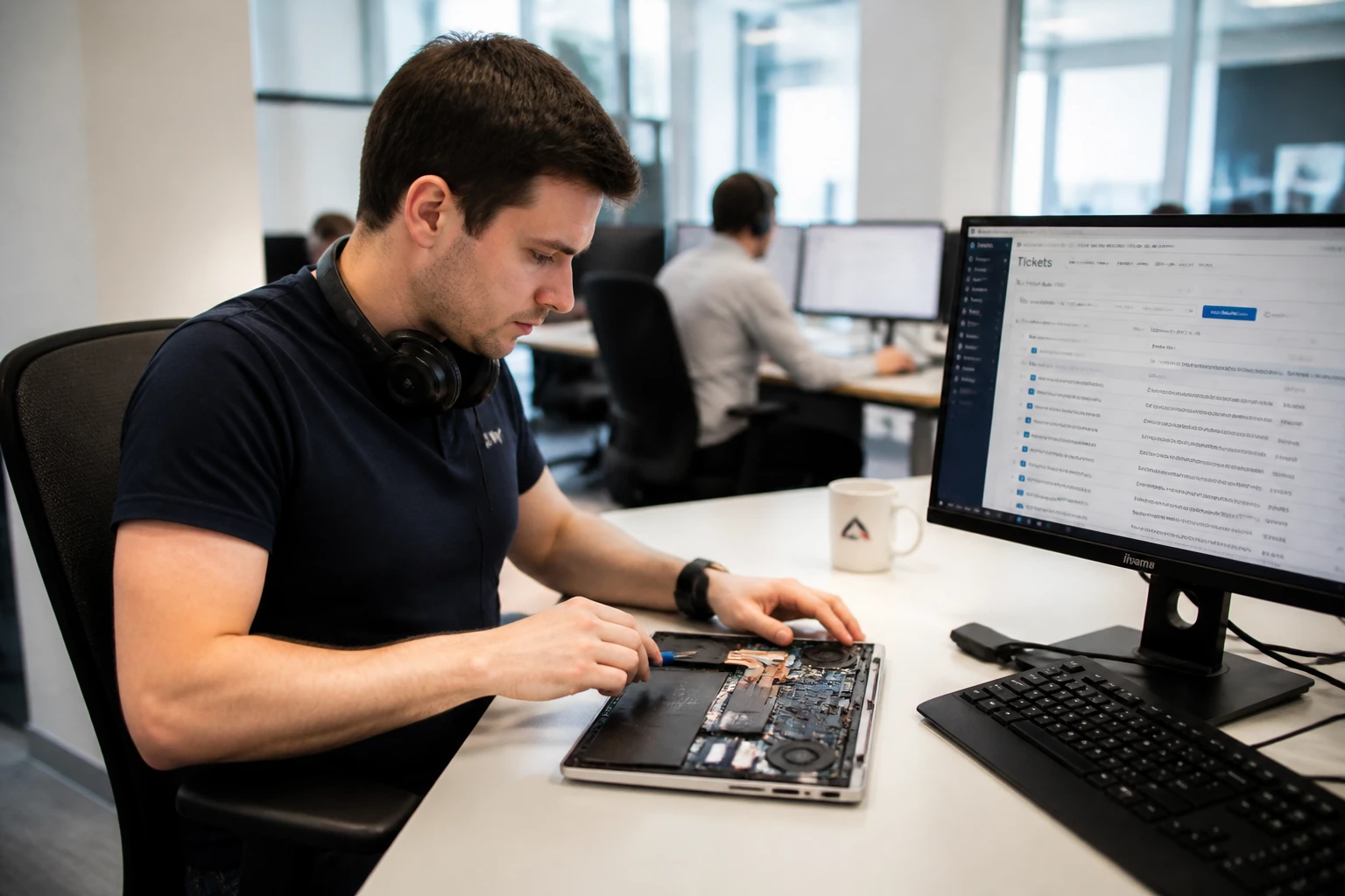 Technicien assistance informatique dépannant un ordinateur portable dans un bureau moderne