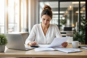 Femme consultant ses documents pour une demande d'aide à la création d'entreprise après le chômage