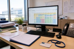 Cadre de santé consultant un logiciel de planning des temps sur ordinateur à l'hôpital