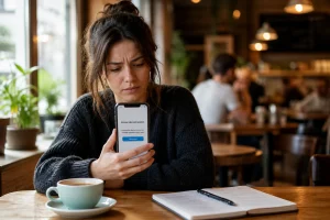 Jeune femme regardant son smartphone affichant une erreur de connexion dans un café