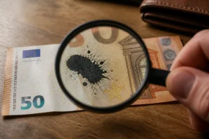 Billet en euros marqué au feutre noir examiné à la loupe sur une table en bois