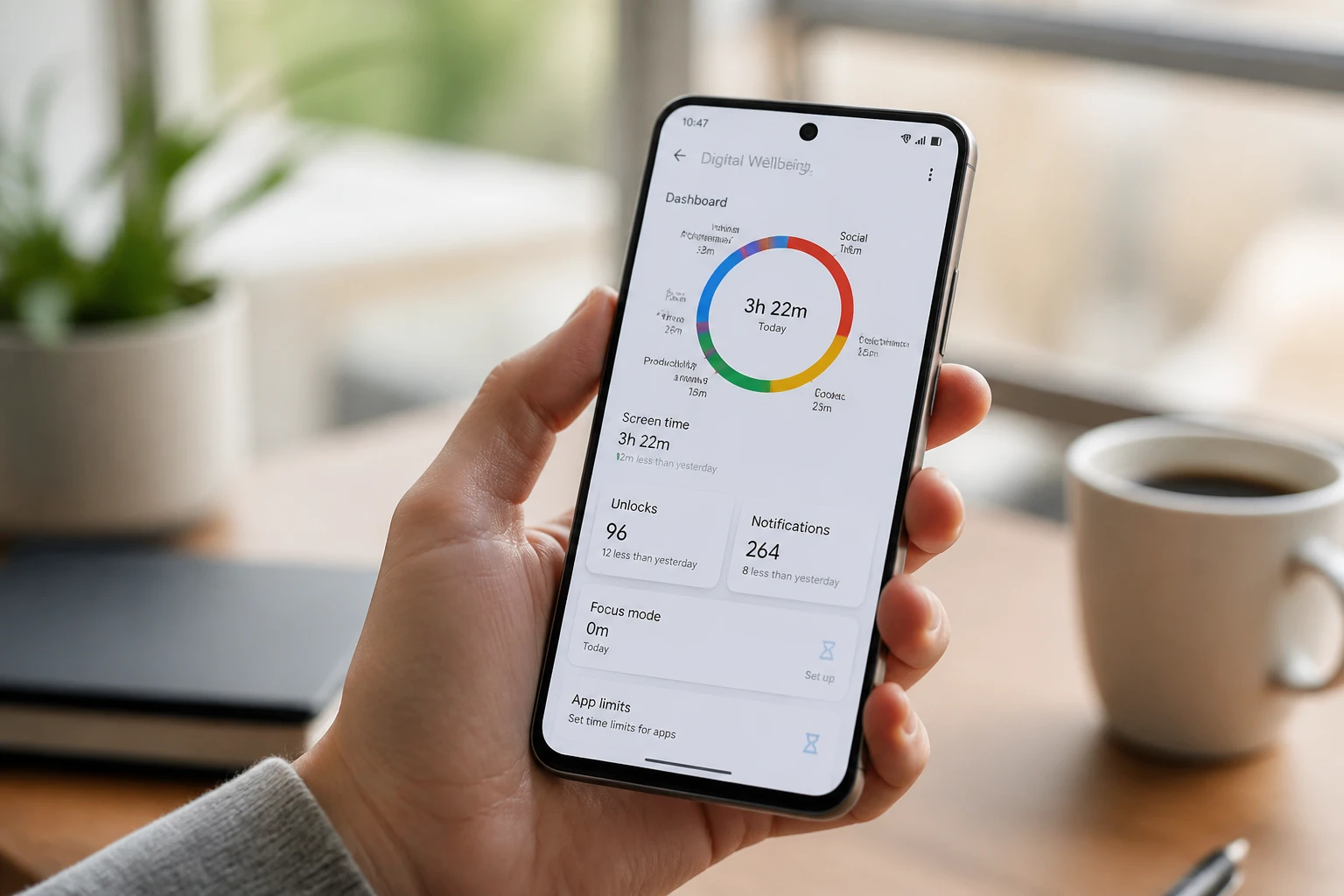 Smartphone Xiaomi affichant le tableau de bord du temps d'écran dans les paramètres Bien-être numérique