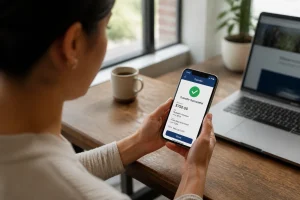 Femme consultant l'heure d'un virement bancaire sur son smartphone à son bureau