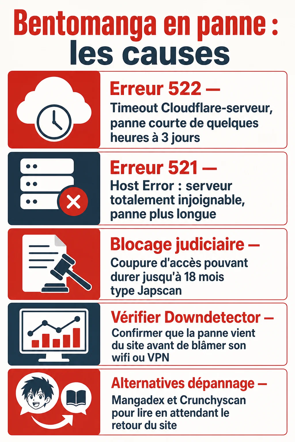Bentomanga en panne : les causes : Erreur 522, Erreur 521, Blocage judiciaire, Vérifier Downdetector, Alternatives dépannage