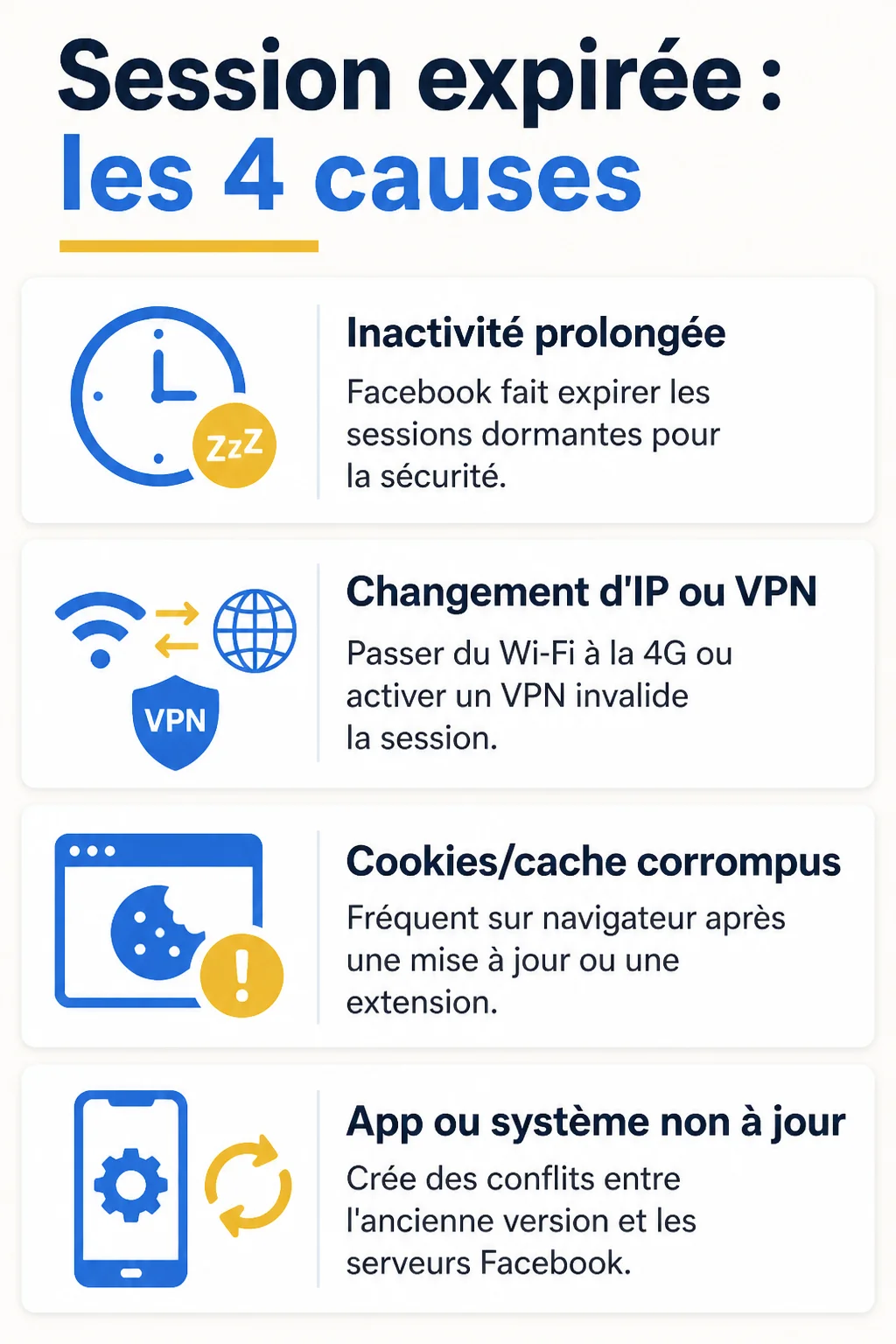 Session expirée : les 4 causes : Inactivité prolongée, Changement d'IP ou VPN, Cookies/cache corrompus, App ou système non à jour