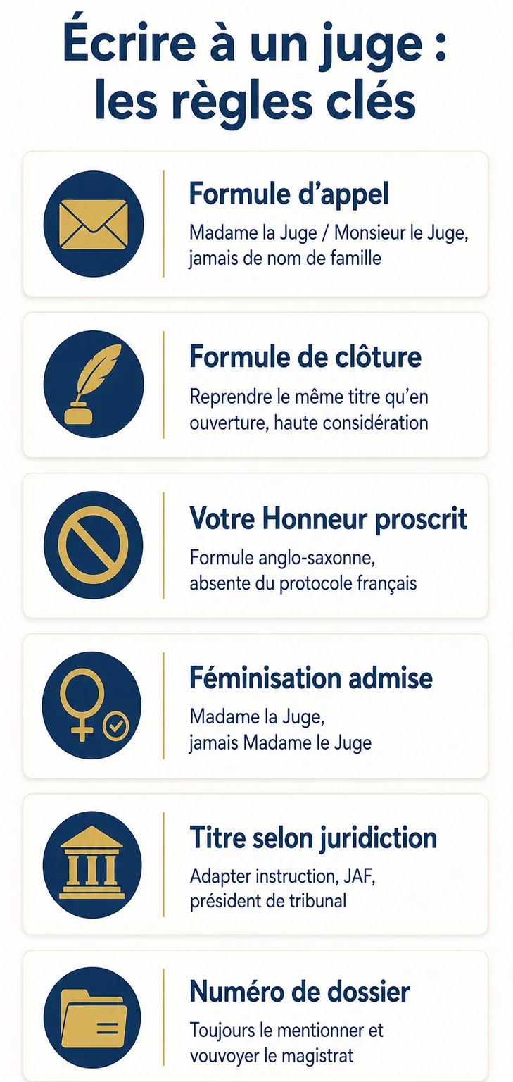Écrire à un juge : les règles clés : Formule d'appel, Formule de clôture, Votre Honneur proscrit, Féminisation admise, Titre selon juridiction, Numéro de dossier