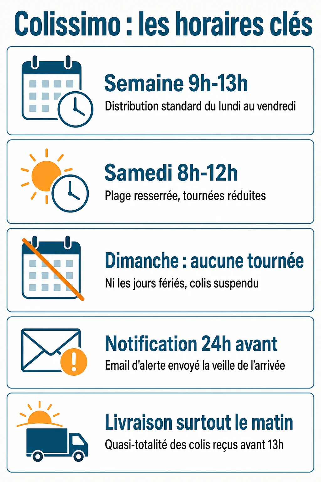Colissimo : les horaires clés : Semaine 9h-13h, Samedi 8h-12h, Dimanche : aucune tournée, Notification 24h avant, Livraison surtout le matin