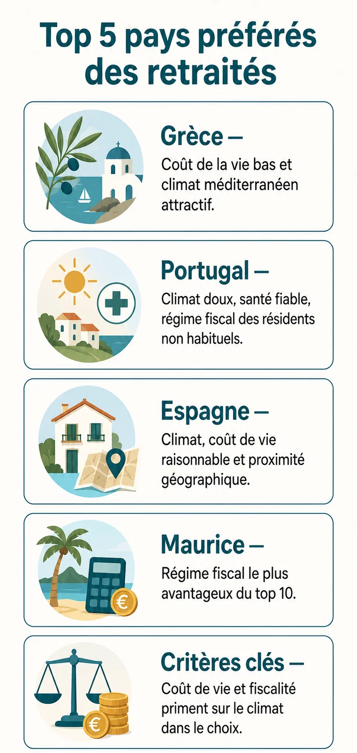 Top 5 pays préférés des retraités : Grèce, Portugal, Espagne, Maurice, Critères clés