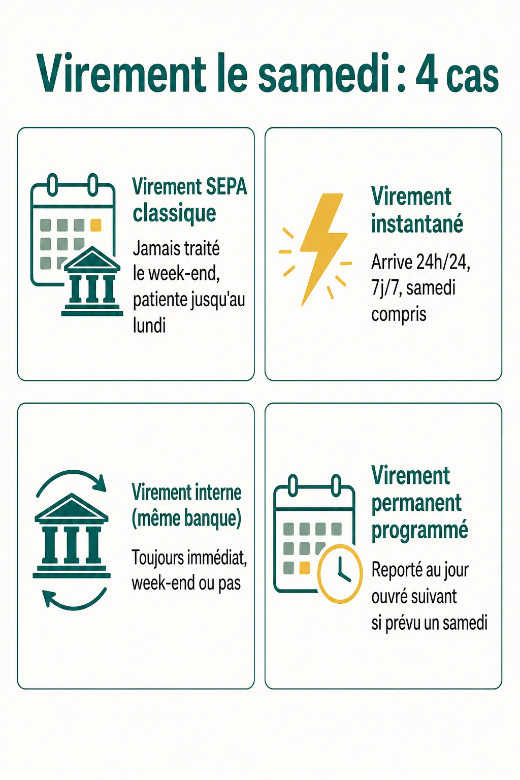 Virement le samedi : 4 cas : Virement SEPA classique, Virement instantané, Virement interne (même banque), Virement permanent programmé