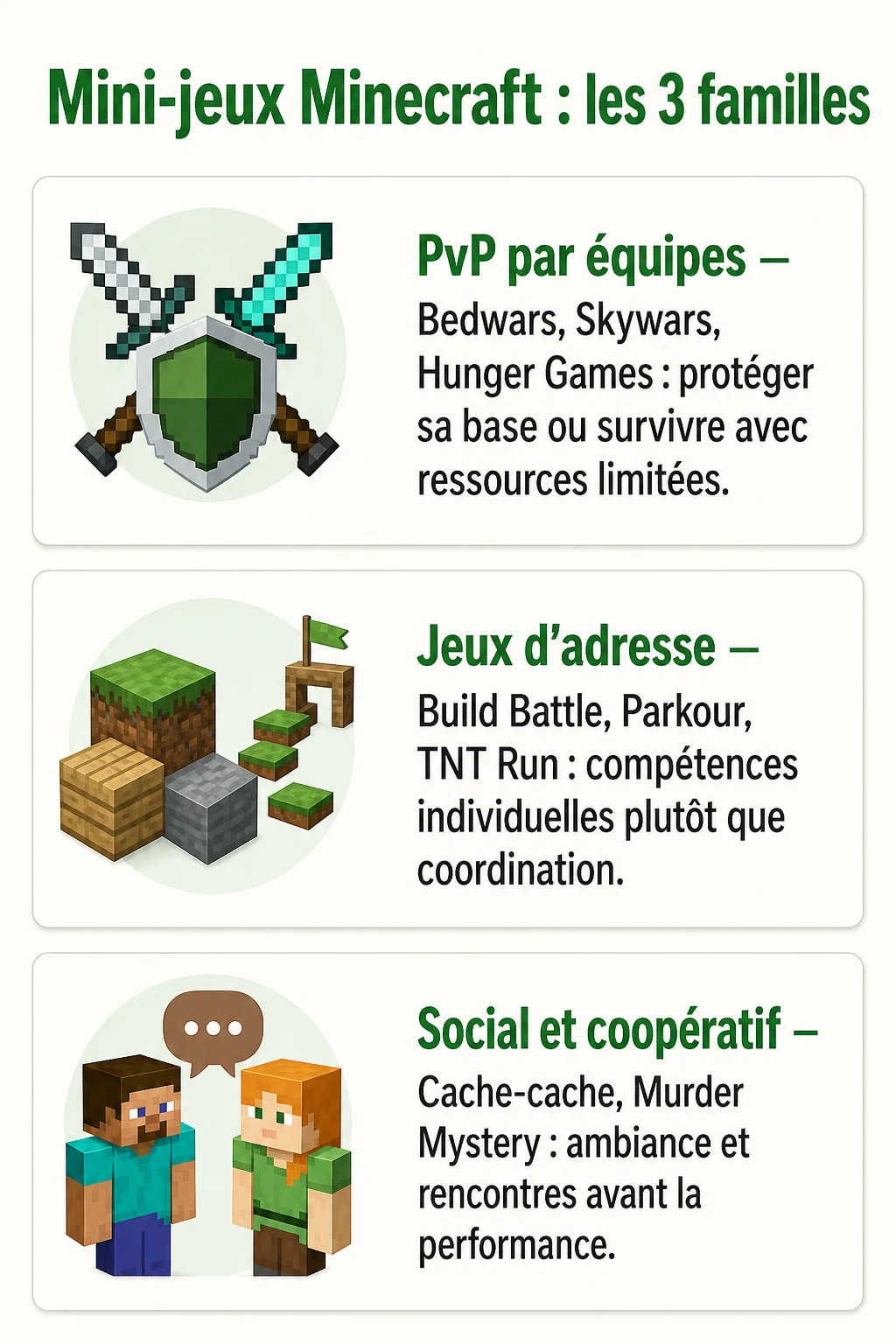 Mini-jeux Minecraft : les 3 familles : PvP par équipes, Jeux d'adresse, Social et coopératif