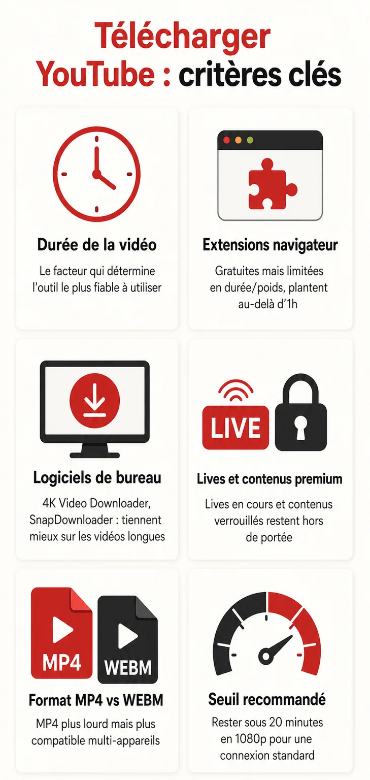 Télécharger YouTube : critères clés : Durée de la vidéo, Extensions navigateur, Logiciels de bureau, Lives et contenus premium, Format MP4 vs WEBM, Seuil recommandé