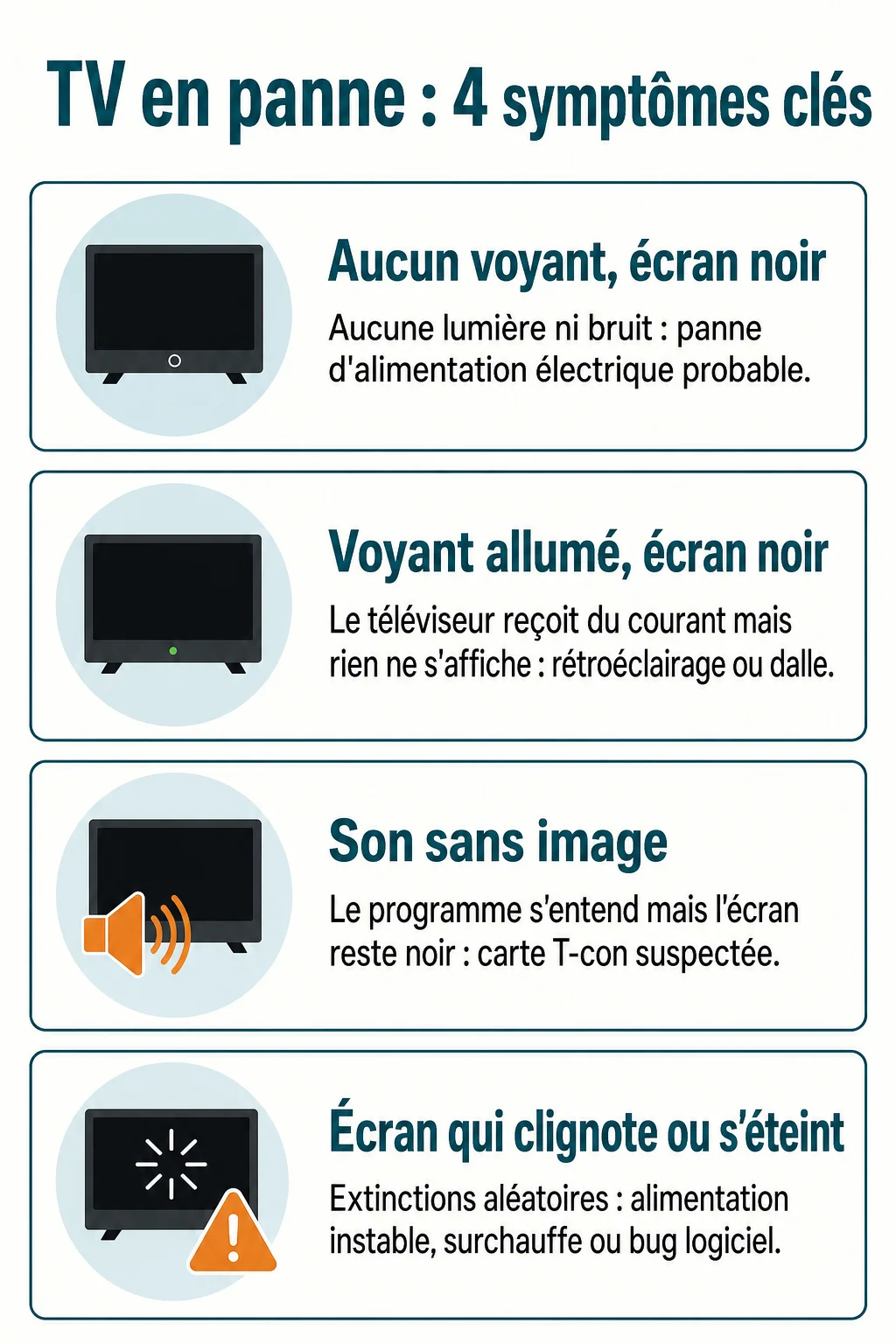 TV en panne : 4 symptômes clés : Aucun voyant, écran noir, Voyant allumé, écran noir, Son sans image, Écran qui clignote ou s'éteint