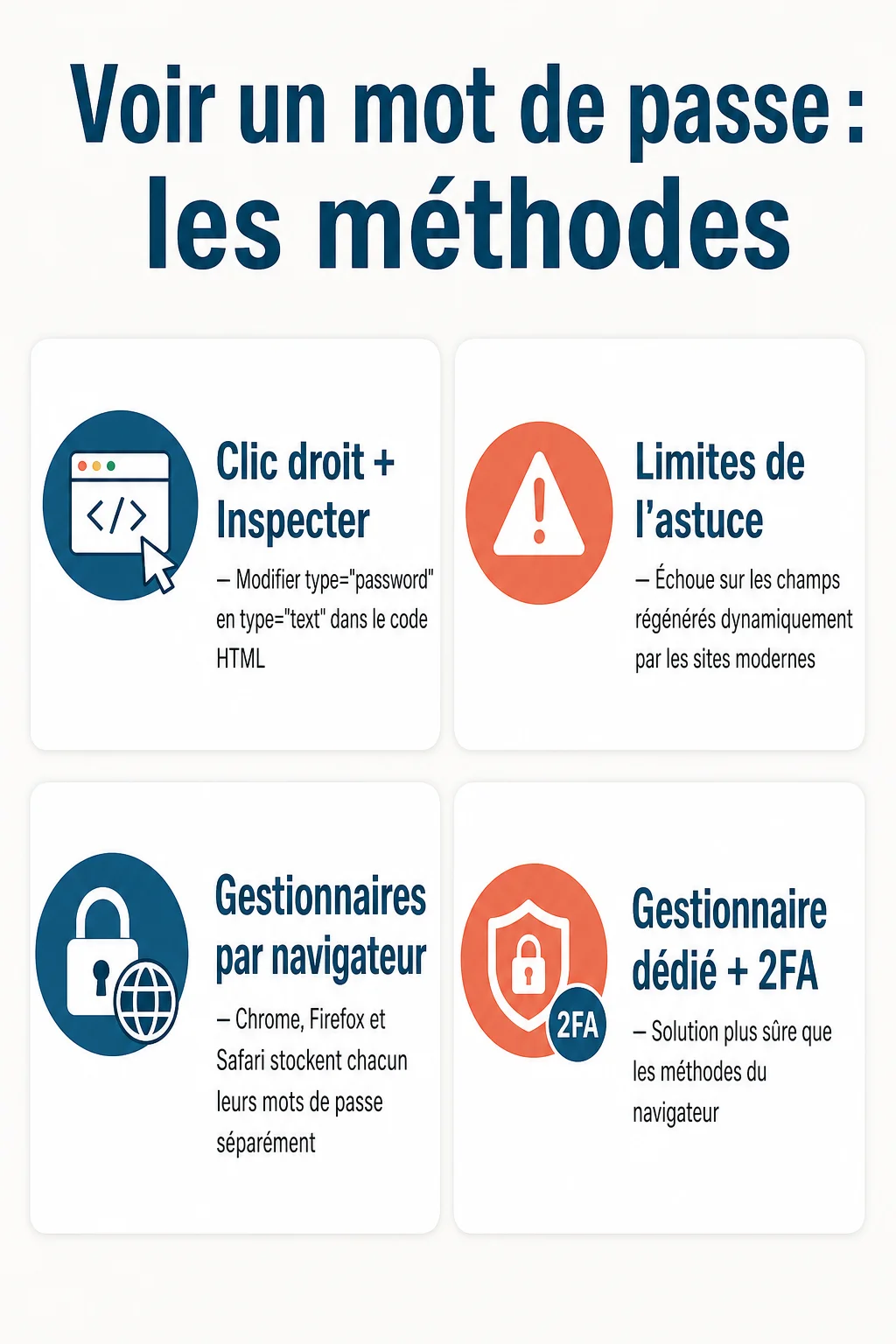 Voir un mot de passe : les méthodes : Clic droit + Inspecter, Limites de l'astuce, Gestionnaires par navigateur, Gestionnaire dédié + 2FA