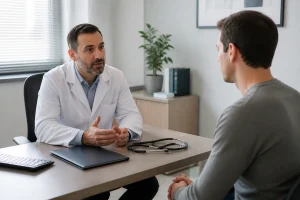 Consultation entre un médecin du travail et un salarié dans un bureau lumineux