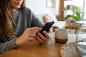 Femme consultant son application bancaire sur smartphone un samedi matin pour vérifier un virement