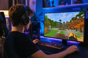 Joueur avec casque devant son écran lors d'une partie sur un serveur Minecraft mini-jeux