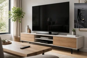 Téléviseur éteint dans un salon lumineux avec câbles HDMI et télécommande sur table basse