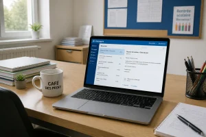 Ordinateur portable ouvert sur une interface de messagerie académique dans un bureau lumineux