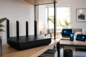Routeur WiFi 6 moderne dans un salon avec plusieurs appareils connectés en arrière-plan