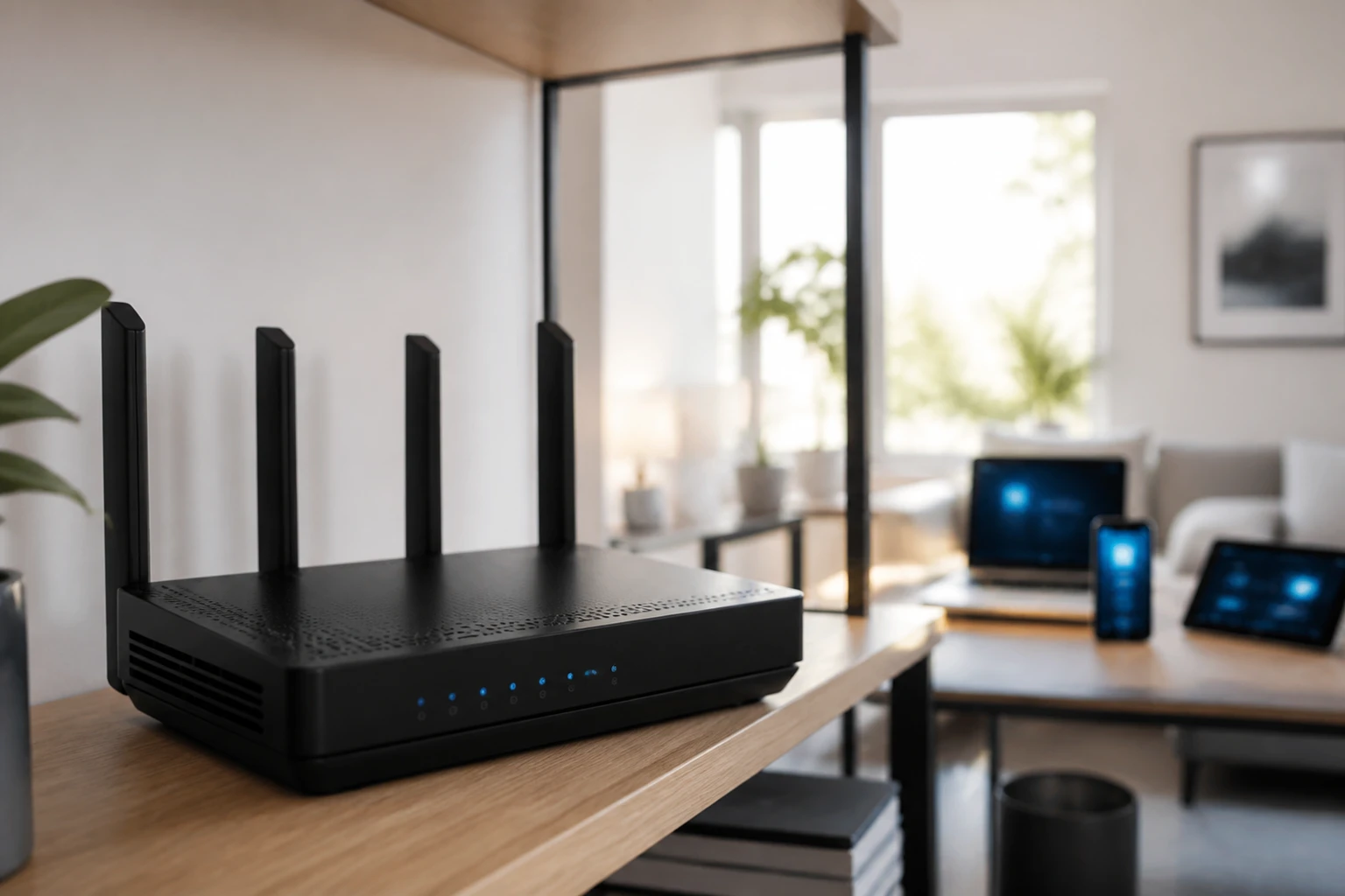 Routeur WiFi 6 moderne dans un salon avec plusieurs appareils connectés en arrière-plan