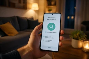 Smartphone affichant une vérification d'application de streaming dans un salon le soir