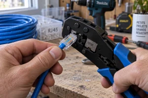 Sertissage d'un connecteur RJ45 sur un câble Ethernet avec une pince spécialisée