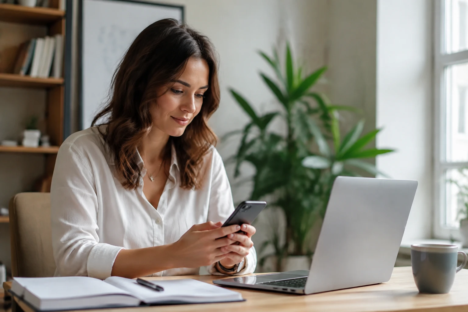 Femme consultant son espace bancaire BredConnect sur smartphone à son bureau